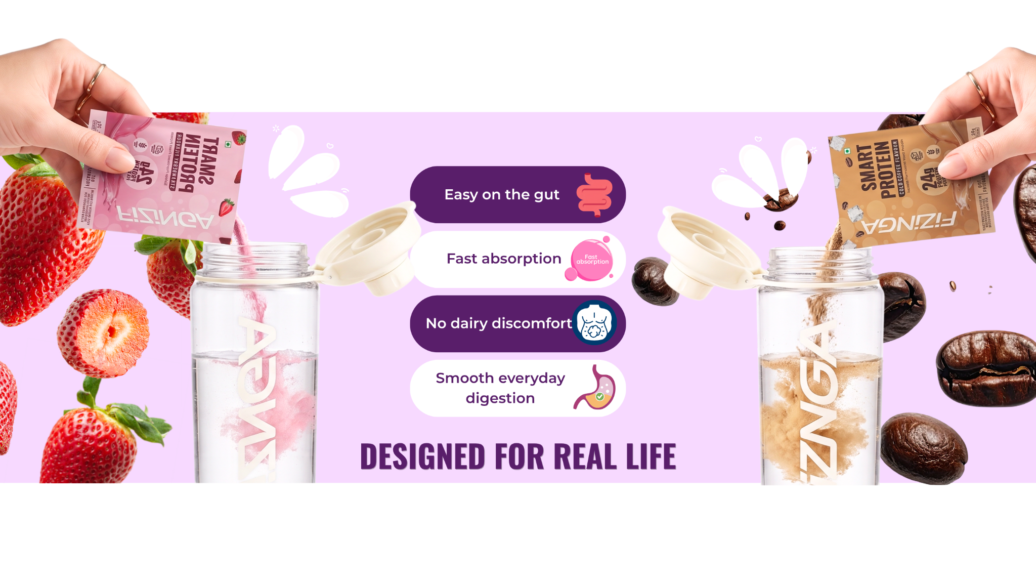 Fizinga Strawberry and Cold Coffee sachets designed for real life